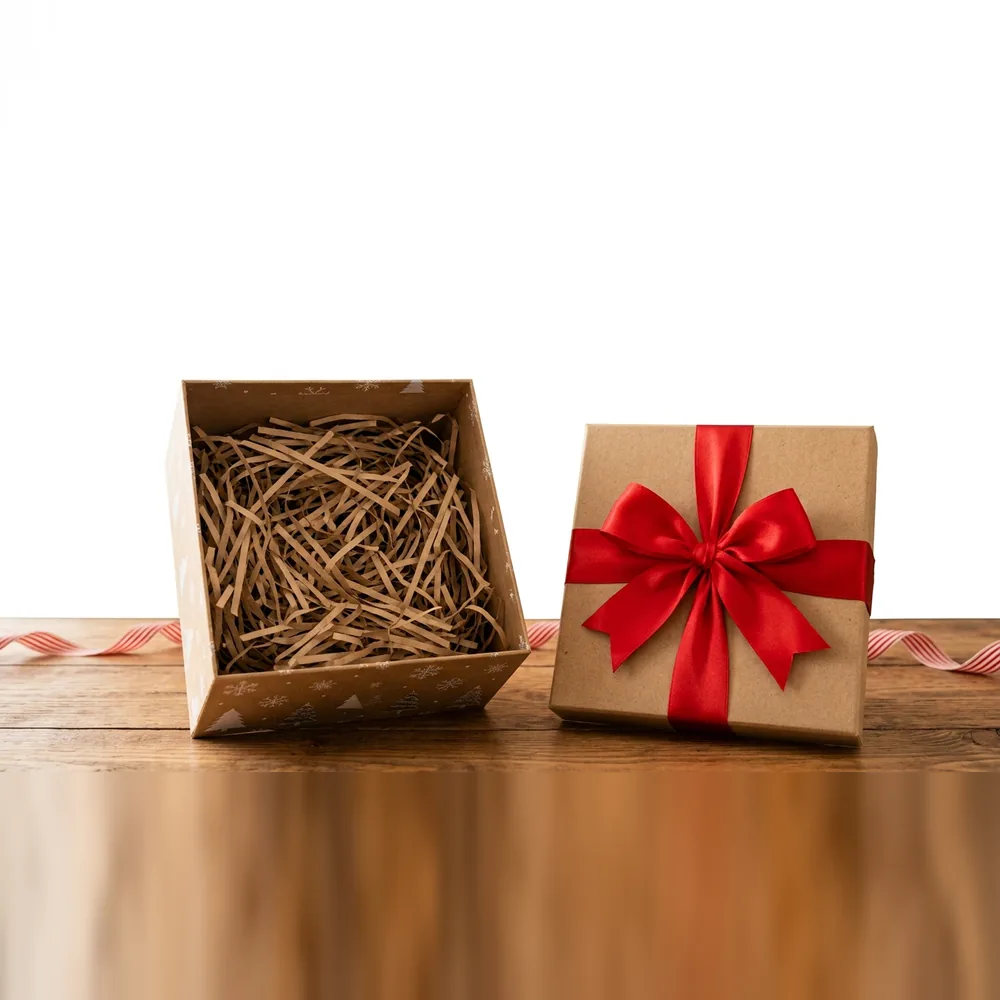 Caja de regalo de cartón con lazo rojo