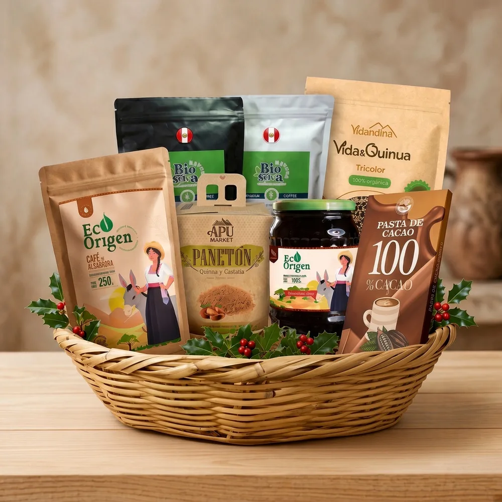 Canasta de mimbre con café, quinua, algarrobina, pasta de cacao y panetón